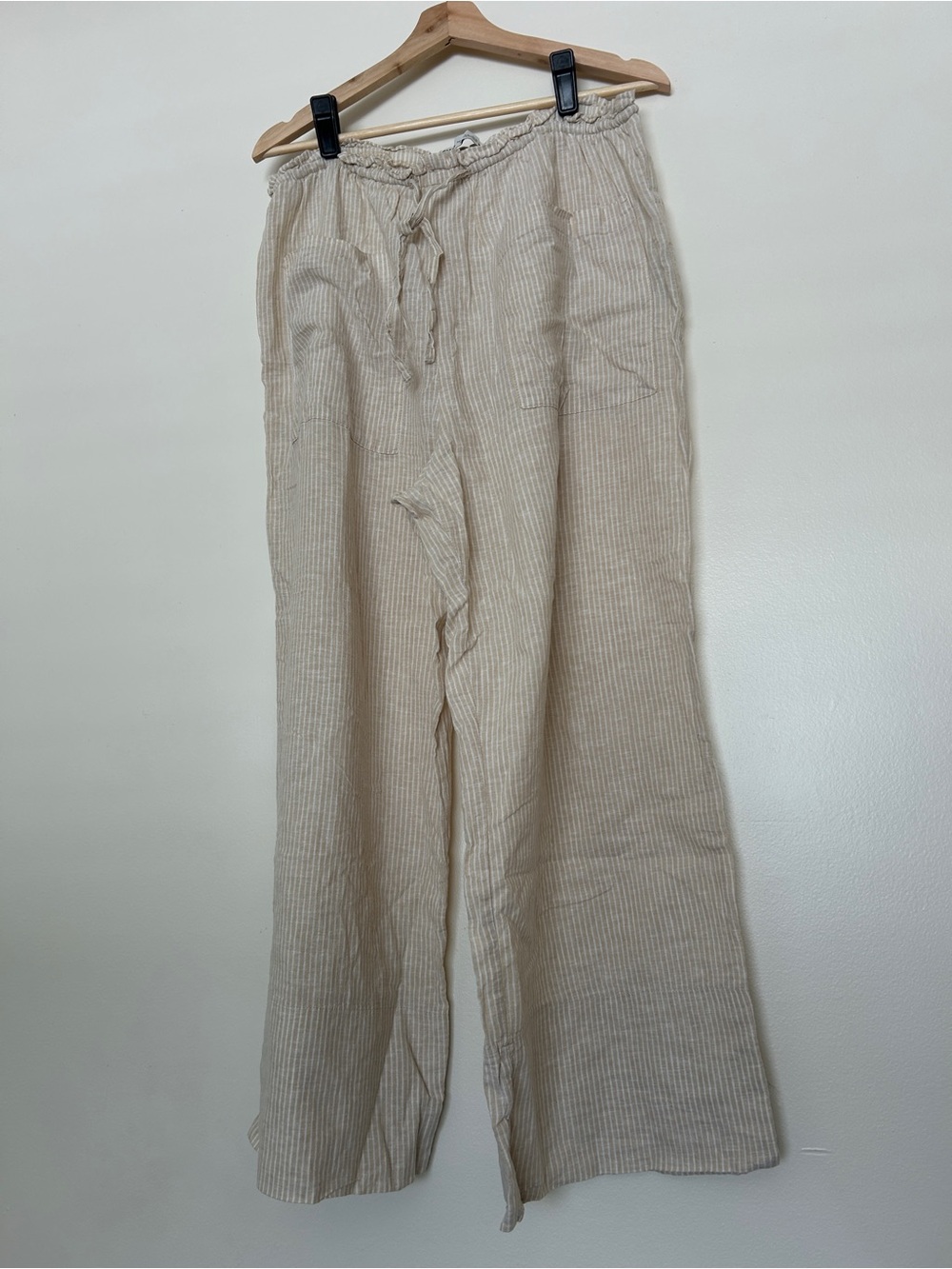 Zara Beige Striped Linen-Blend Drawstring Pants